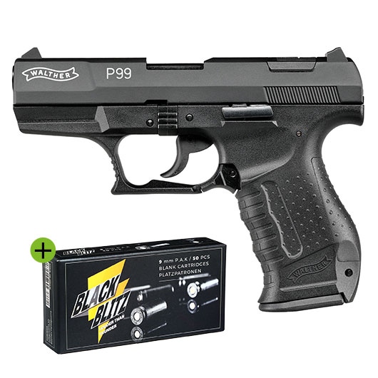 Walther P99 Schreckschuss Pistole Kal. 9mm P.A.K. brniert + 50 Schuss Pobjeda Black Blitz