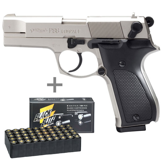 Walther P88 Schreckschuss Pistole Kal. 9mm P.A.K. vernickelt  + 50 Schuss Pobjeda Black Blitz