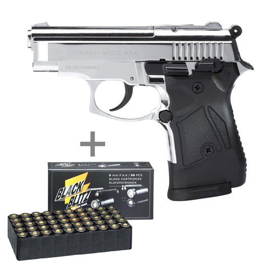 Zoraki 914 Schreckschuss Pistole Kal. 9mm P.A.K. chrom + 50 Schuss Pobjeda Black Blitz