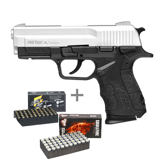 Retay X Treme Schreckschuss Pistole 9mm P.A.K. nickel inkl. 100 Platzpatronen Skullfire und Black Blitz