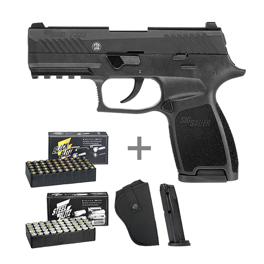 Sig Sauer P320 Schreckschuss Pistole 9mm P.A.K. schwarz inkl. 100 Schuss Platzpatronen, Ersatzmagazin und Holster