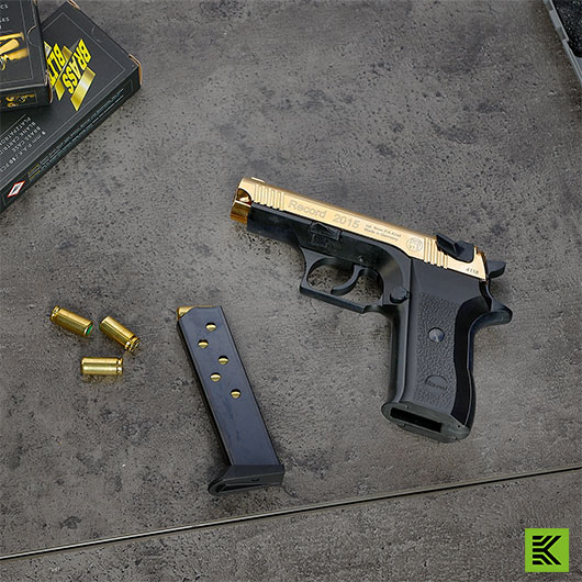 Record 2015 Schreckschuss Pistole Kal. 9mm P.A.K Sonderedition bicolor gold/brniert Bild 1