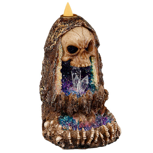 Dekofigur Totenkopf Kristallhhle mit Rucherkegelhalter und LED 17 x 10 cm