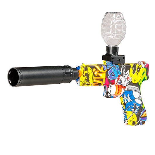 Asgard Gelpistole Actionblaster elektrisch inkl. Akku, Schalldmpfer, Gelkugeln & Schutzbrille Graffiti Bild 1