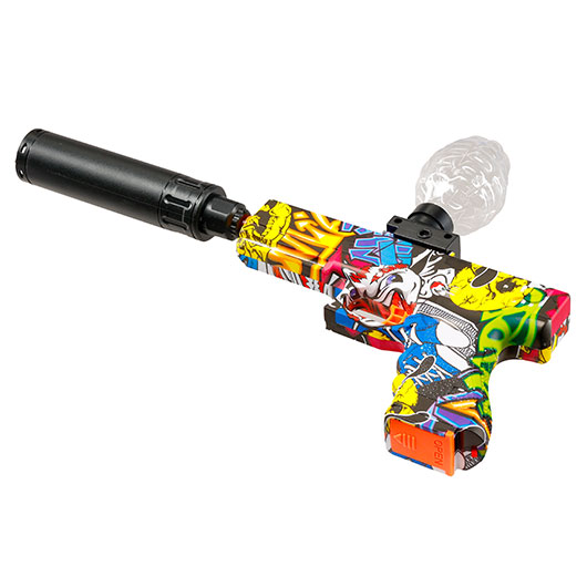 Asgard Gelpistole Actionblaster elektrisch inkl. Akku, Schalldmpfer, Gelkugeln & Schutzbrille Graffiti Bild 6