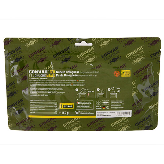 Convar Feldk�che Meals Nudeln Bolognese (vegetarisch mit Soja) 150 g Beutel