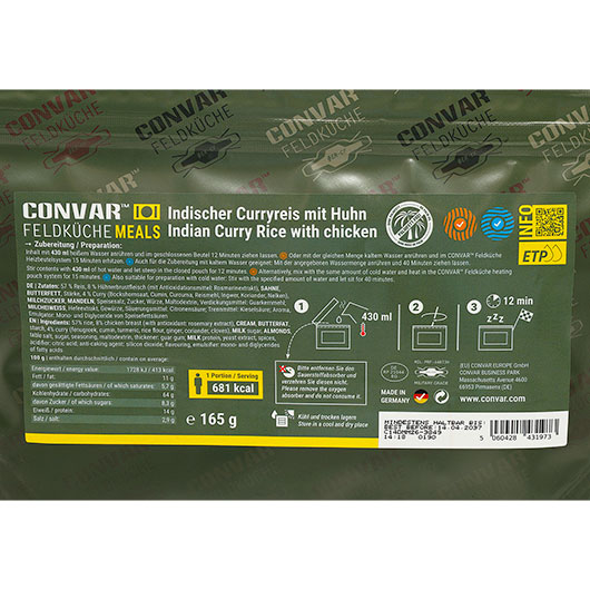 Convar Feldk�che Indischer Curryreis mit Huhn Langzeitlebensmittel 165 g Beutel Bild 1