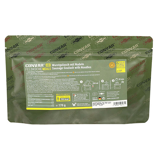 Convar Feldk�che Meals Wurstgulasch mit Nudeln Langzeitlebensmittel 170 g Beutel