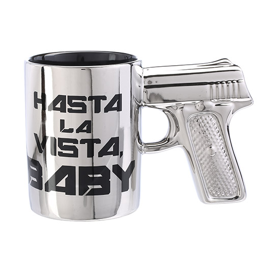 Hasta La Vista Baby - silberner Steingut-Becher mit Pistolengriff