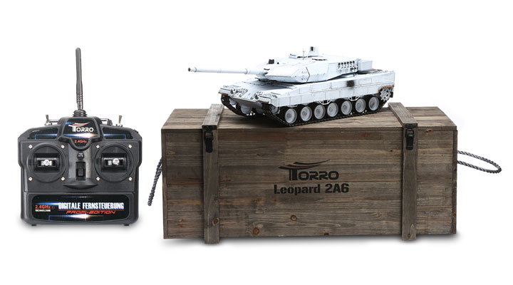 Torro RC Panzer Leopard 2A6, UN Weißgrau Pro-Edition 1:16 schussfähig, Rauch & Sound, Metallgetriebe und Metallketten, RTR