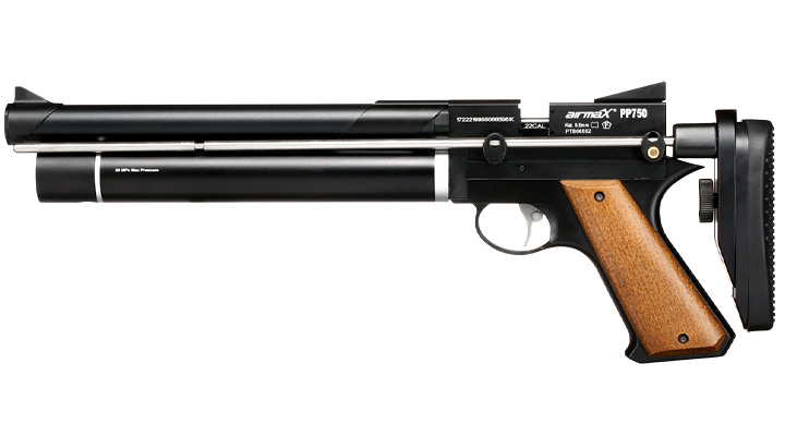 AirmaX PP750 Pressluftpistole PCP Kal. 5,5 mm Diabolo schwarz inkl. Schultersttze und 7-Schuss Magazin