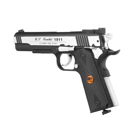 Bruni Guns US Combat M1911 CO2 Luftpistole Kal. 4,5mm BB Non Blowback Vollmetall silber/schwarz Bild 2