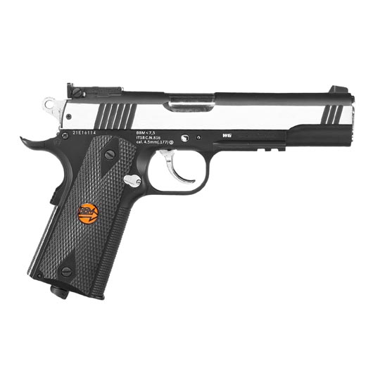 Bruni Guns US Combat M1911 CO2 Luftpistole Kal. 4,5mm BB Non Blowback Vollmetall silber/schwarz Bild 3