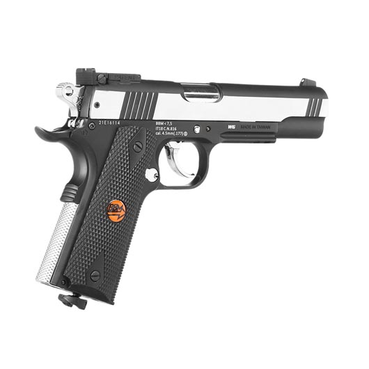 Bruni Guns US Combat M1911 CO2 Luftpistole Kal. 4,5mm BB Non Blowback Vollmetall silber/schwarz Bild 8