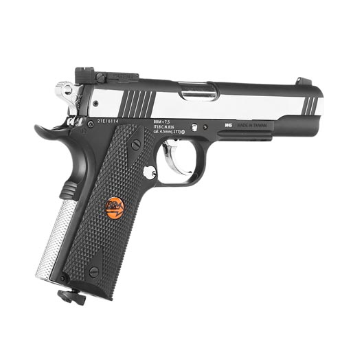 Bruni Guns US Combat M1911 CO2-Luftpistole Kal. 4,5mm Stahl-BB Blowback Vollmetall silber / schwarz Bild 8