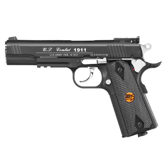 Bruni Guns US Combat M1911 CO2-Luftpistole Kal. 4,5mm Stahl-BB Non-Blowback mit Metallschlitten schwarz