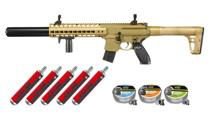 Sig Sauer MCX CO2 Luftgewehr Set 4,5 mm  mit 5 x 88 g CO2 Kartuschen, 3 Dosen Max Tactical Diabolos Kal. 4,5mm Farbe FDE
