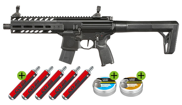 Sig Sauer MPX CO2 Gen.2 Luftgewehr Set 4,5 mm mit 5 x 88 g CO2 Kapseln, 1000 Max Tactical Diabolos Kal. 4,5mm