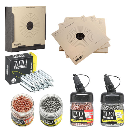 Zubehrset fr Luftdruckwaffen mit Munitionspaket, Kugelfangkasten, CO2-Kapseln und 4,5 mm BBs