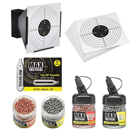 Zubeh�rset f�r Luftpistolen Kaliber 4,5 mm, Munitionspaket mit Kugelfangkasten 17x17cm, Zielscheiben, CO2-Kapseln und 4,5 mm Run
