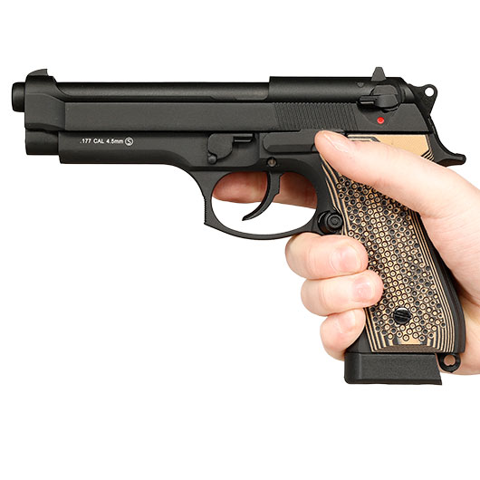 KLI M92 CO2 Luftpistole Kal. 4,5 mm BB Vollmetall Blowback schwarz - G10 Grip Edition Bild 3