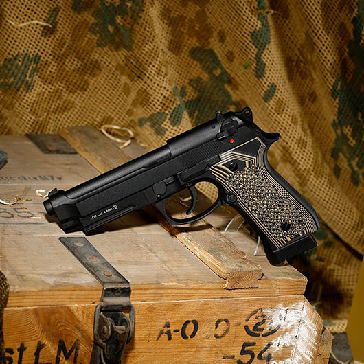 KLI M92A1 CO2 Luftpistole Kal. 4,5 mm BB Vollmetall Blowback schwarz - G10 Grip Edition Bild 1