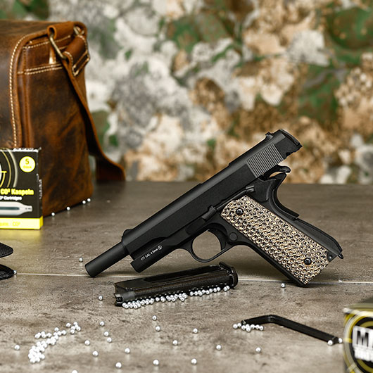 KLI M1911-A1 CO2 Luftpistole Kal. 4,5 mm BB Blowback Vollmetall schwarz - G10 Grip Edition Bild 1