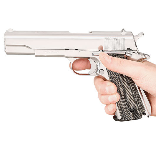 KLI M1911-A1 CO2 Luftpistole Kal. 4,5 mm BB Blowback Vollmetall Platinum Chrome-Finish - G10 Grip Edition Bild 3