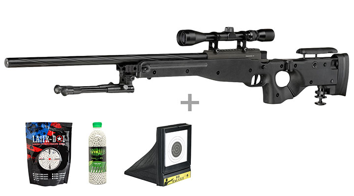 Well L96 AWS-338 Springer Snipergewehr mit Zweibein / Zielfernrohr Kugeln 6mm BB und Kugelfang mit Netz