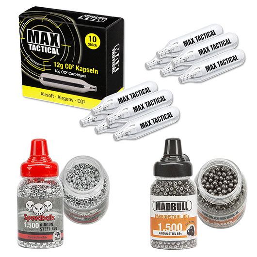 Zubeh�rset 4,5 mm BB f�r CO2 Luftdruckwaffen mit 3000 Stahlrundkugeln und 10 CO2 Kapseln Speedballs Madbull