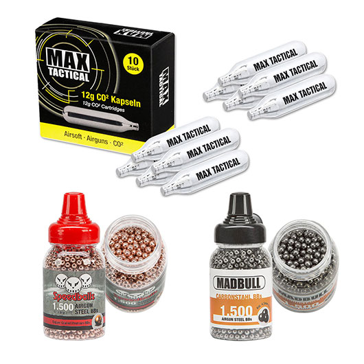 Zubeh�rset 4,5 mm BB f�r CO2 Luftdruckwaffen mit 3000 Stahlrundkugeln und 10 CO2 Kapseln Speedballs Madbull