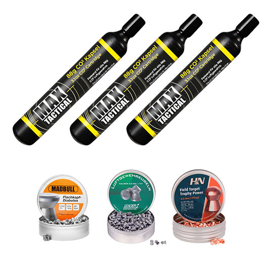Zubeh�rset f�r CO2 Luftgewehre Kal. 4,5 mm inkl. 3x 88g CO2 Kapseln und 1300 Diabolos