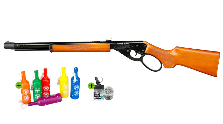 Marlin Lever Action Unterhebelspanner Luftgewehr Set Kal. 4,5 mm BB Echtholzschaft 1500&nbsp;Stahlkugeln und 6 Shooting Bottles