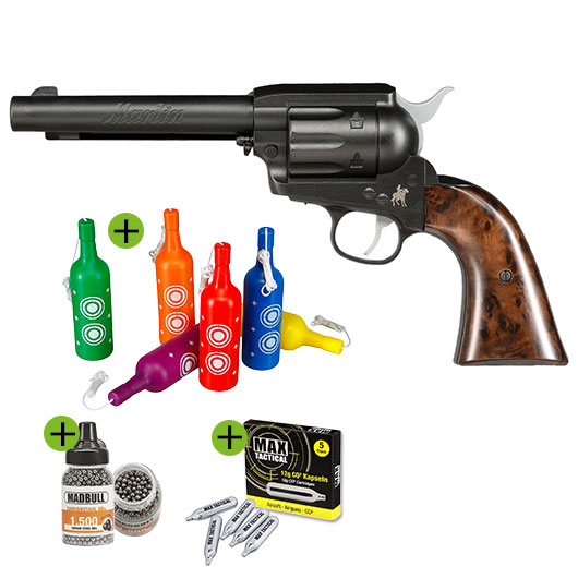 Marlin CO2 Revolver 4,5 mm BB Set mit 6 Shooting Bottles, 1500 Stahl BBs & 5 CO2 Kapseln