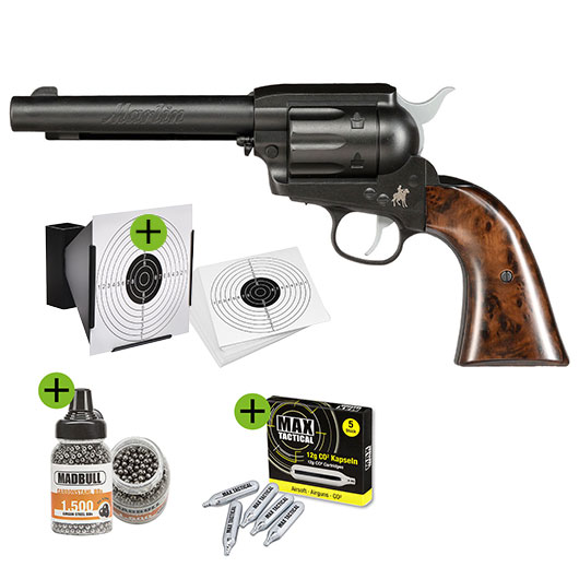 Marlin CO2 Revolver 4,5 mm BB Set mit Kugelfang, 100 Zielscheiben, 1500 Stahl BBs & 5 CO2 Kapseln